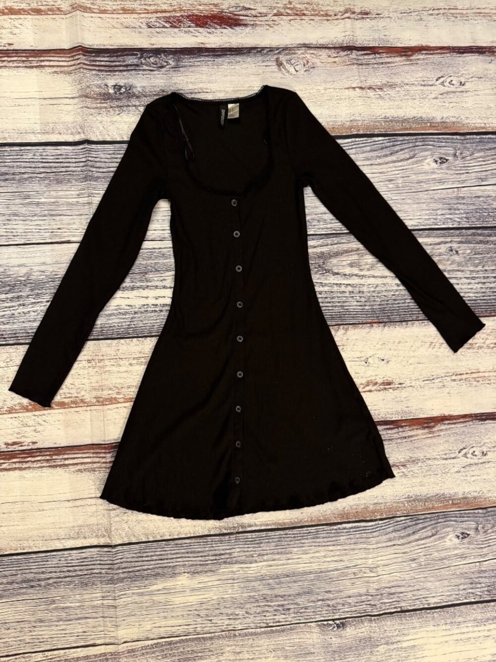 Y2K H&M Divided Black Ribbed Long Sleeve Button Front Mini Dress XS